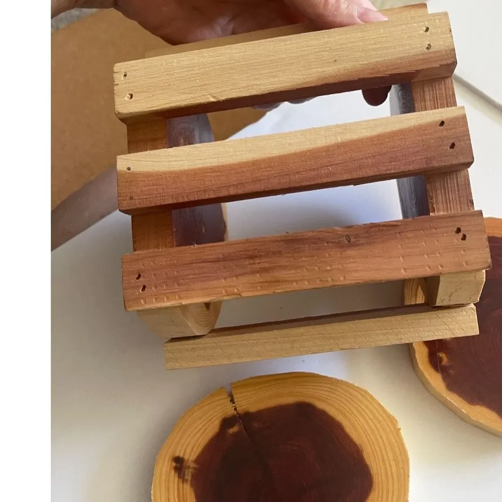 Rustic Wood Coasters & Caddy Cabin Decor Vintage Solid Tree Natural